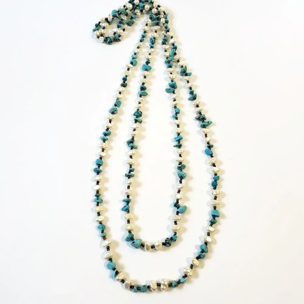 Freshwater Pearl And Turquoise Chip Boho Necklace No Clasp 60